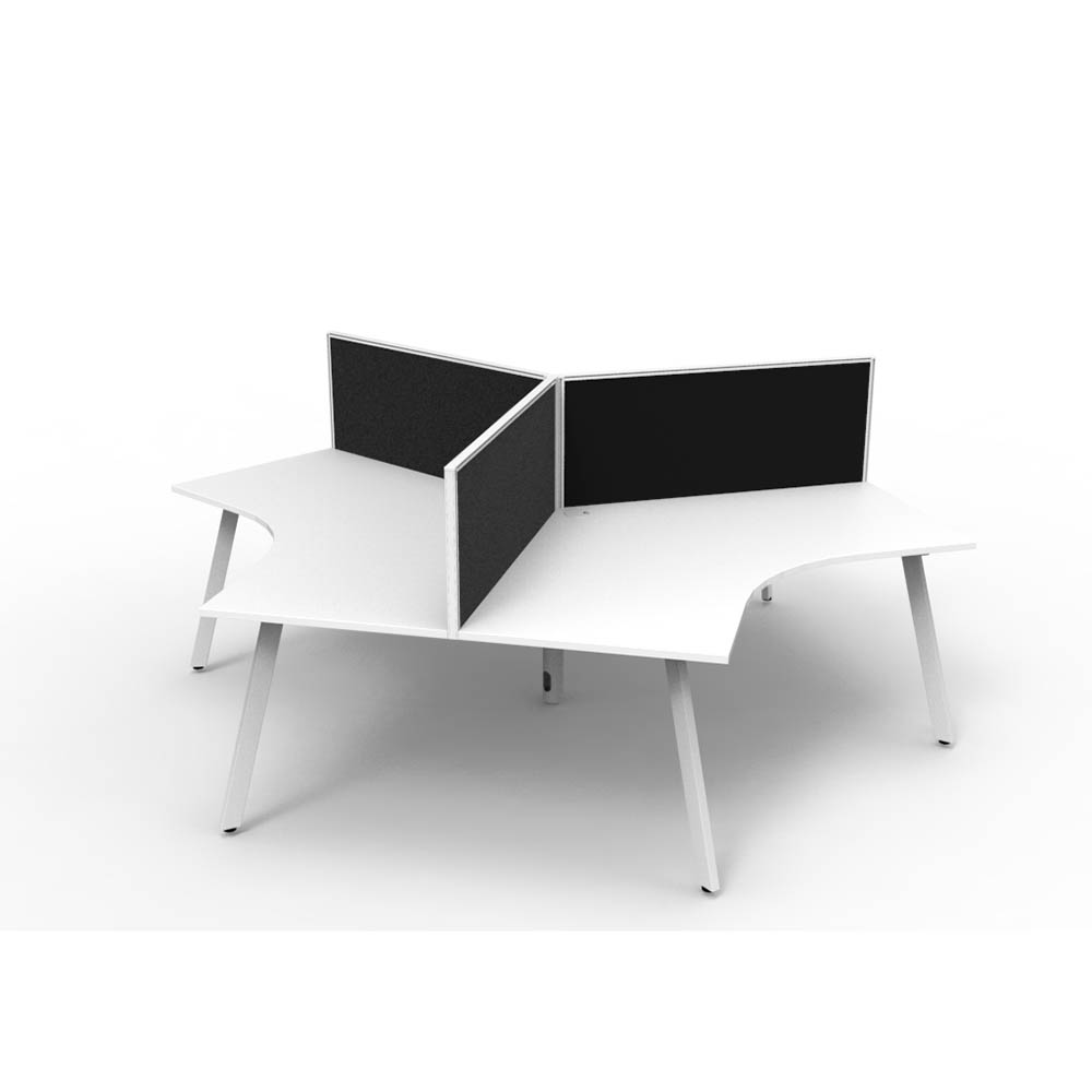 RAPIDLINE DELUXE INFINITY 120 DEGREE WORKSTATION ETERNITY LEG 3 PERSON WITH SCREEN 2866W X 730MM NATURAL WHITE TOP AND WHITE P/C FRAME