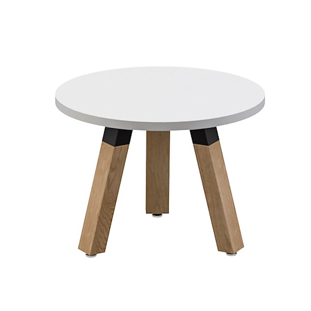 OLG PLANTATION ROUND COFFEE TABLE 3 LEG BLACK HOUSING 600MM WHITE TOP/OAK LEGS