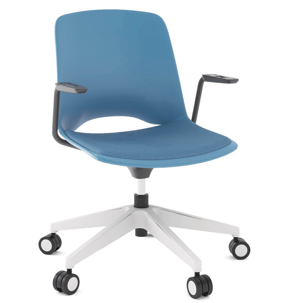 OLG VISTA SWIVEL CHAIR WITH ARMS WHITE BASE AND SKY SEAT